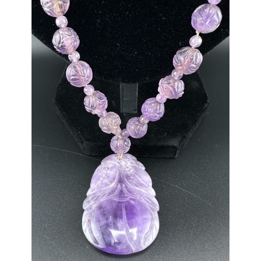 Vtg Chinese Export Silver Carved Amethyst Stone Lotus Beaded Pendant Necklace